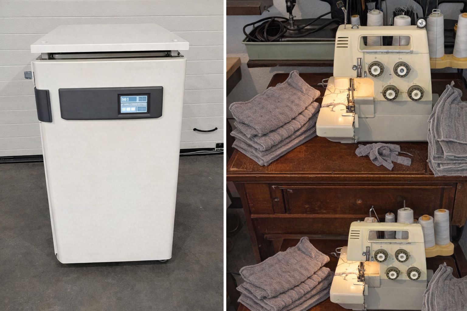 En modern vit industrimaskin bredvid en äldre symaskin med grå textilier.