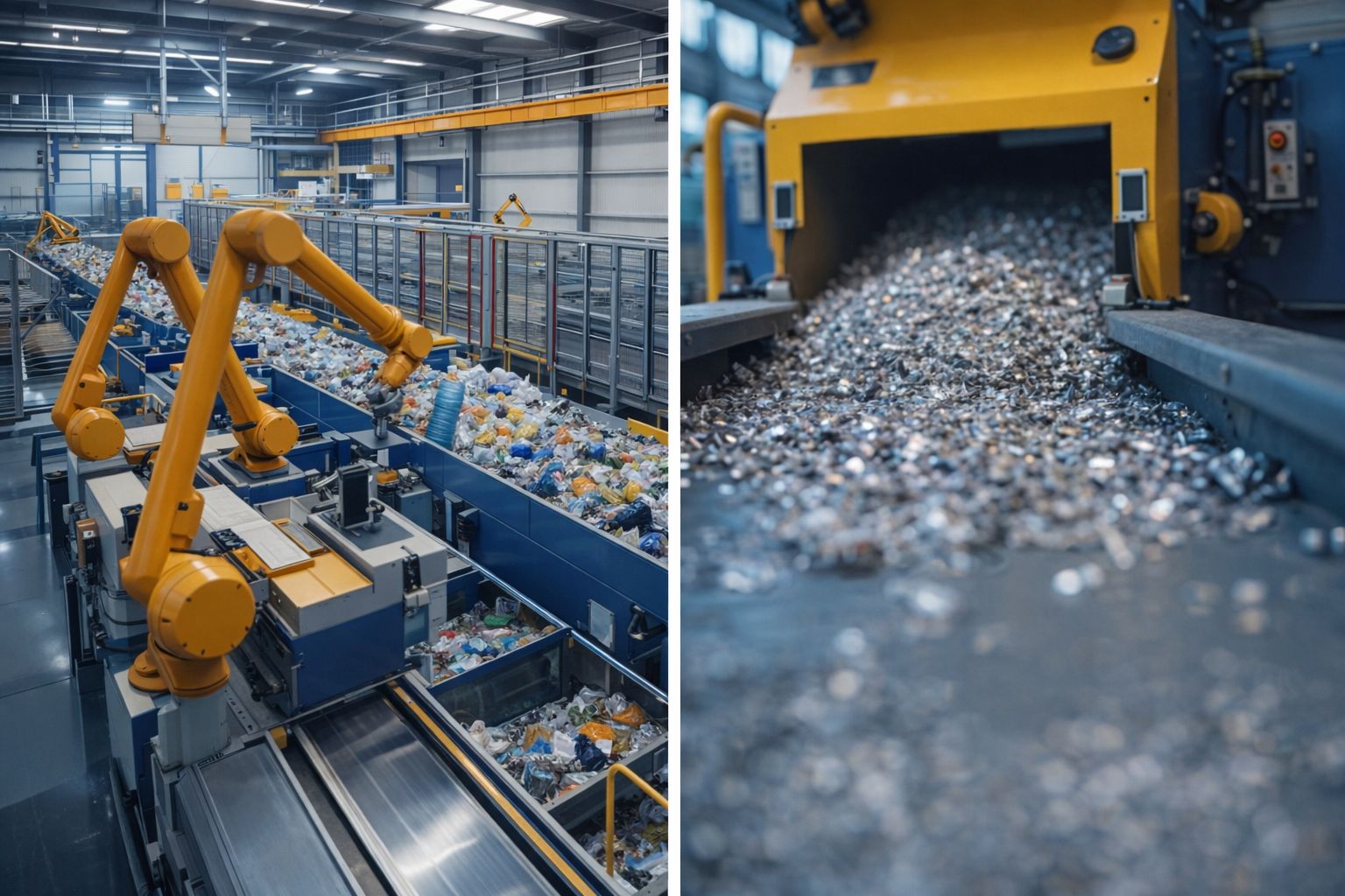 Industriella robotarmar sorterar avfall på ett rullband i en återvinningsanläggning.